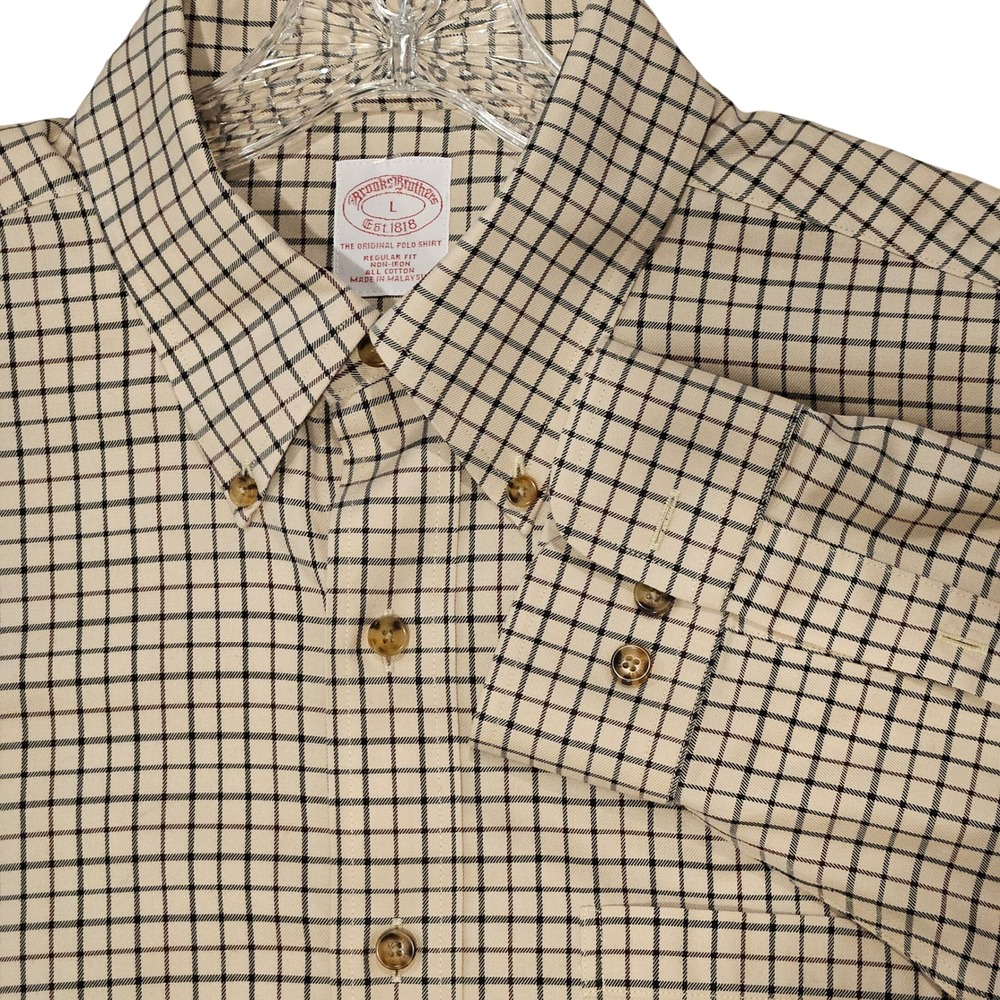 Brooks Brothers Shirt Mens Lg Tan Original Polo Regular Fit Non-Iron Tattersall